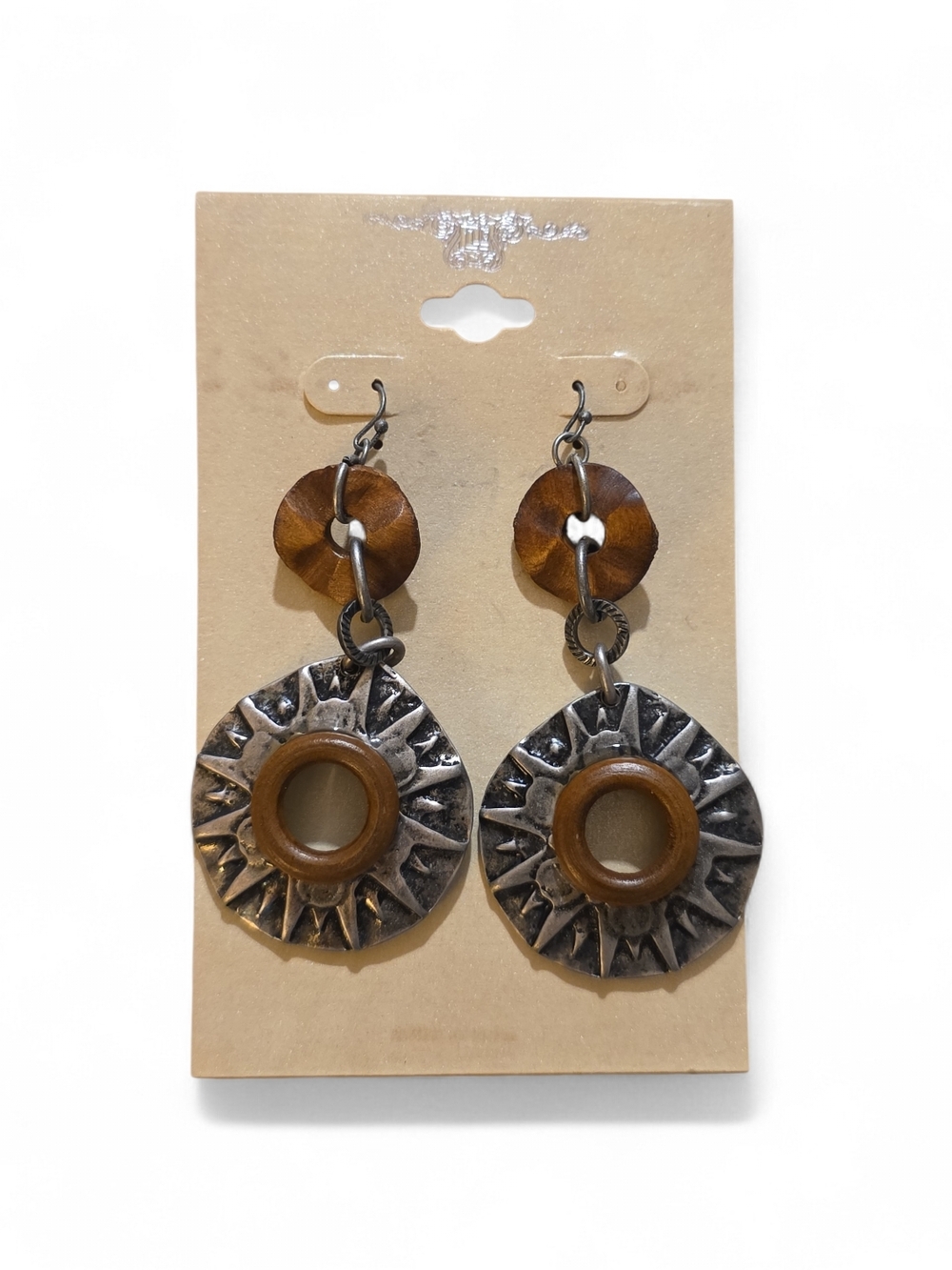 Boho Mixed Metal and Wood Drop Earrings - Brown & Silver